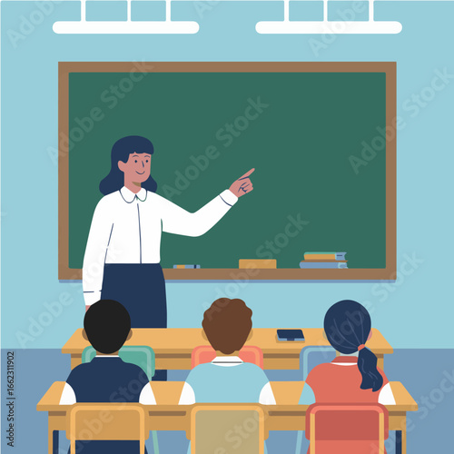 Vector illustration of teacher teaching students in classroom with blackboard for education vector learning art