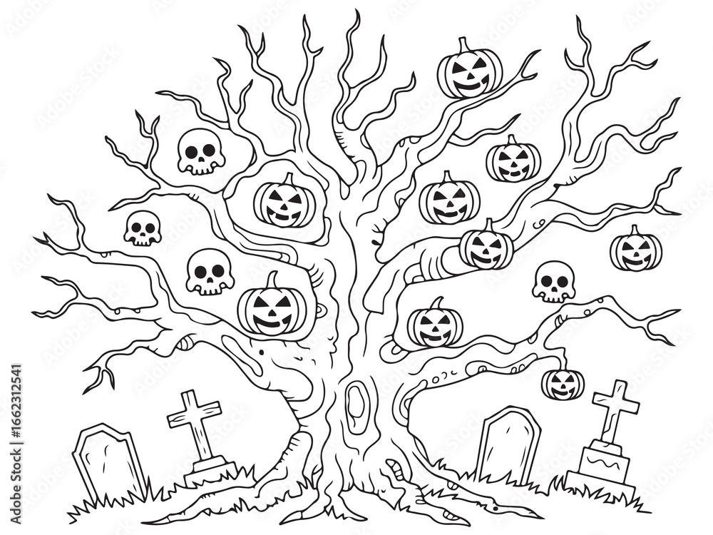 Fototapeta premium Haunted Halloween Tree with Pumpkins and Skulls – Black and White Illustration