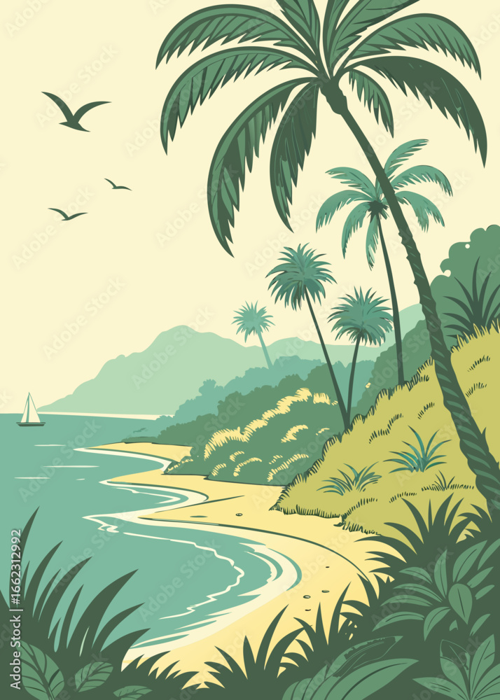 Fototapeta premium Tropical Beachscape with Palm Trees and Sea