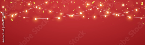 Christmas red background with glowing lights. Festive gold confetti. Bright garland for holiday card, banner or invitation. New Year design template. Golden glowing lamps. Vector Illustration.