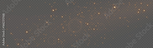 Golden glitter particles floating on transparent background. Christmas magic dust with light. Soft warm glow for luxury design. Overlay gold sparks. Elegant festive decoration. Vector Illustration.