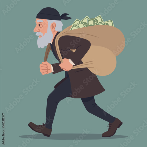 Vector illustration of thief running with bag full of money cash wealth stealing finance robbery criminal old man vector