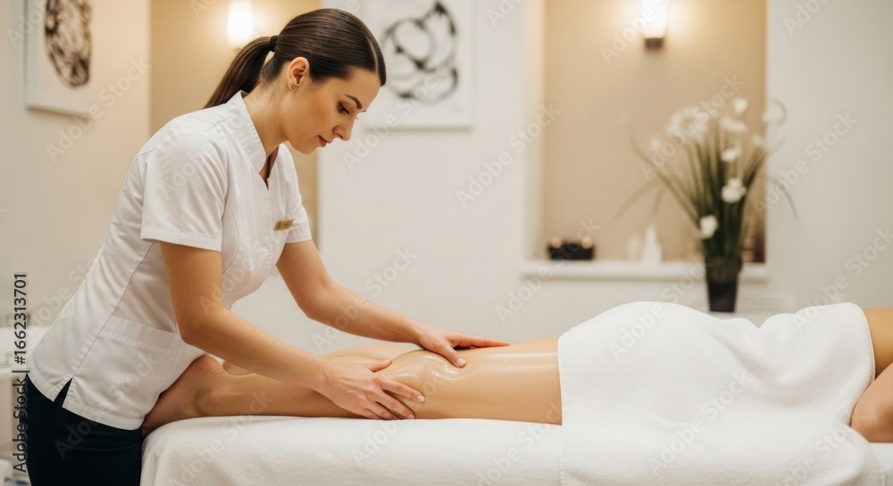 Obraz premium Professional masseuse providing a leg massage treatment to a client in a tranquil spa environment. Focusing on relaxation and well-being.