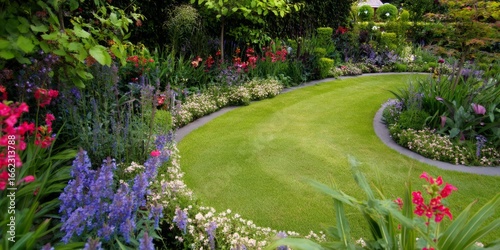 Wallpaper Mural A serene summer landscape with a vibrant flower bed in a garden, a tree, and a pond under a blue sky Torontodigital.ca