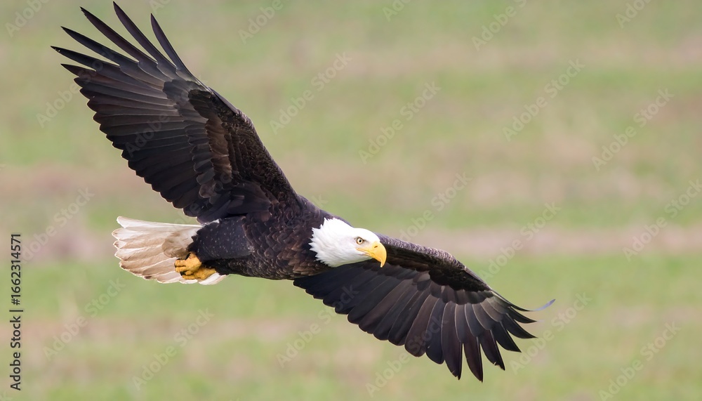 Naklejka premium Majestic Bald Eagle Soaring Through the Sky in a Close-Up Portrait