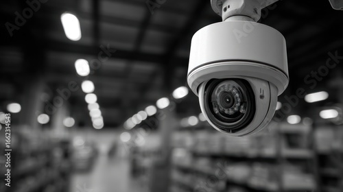 B&W security camera watches over a blurry warehouse interior