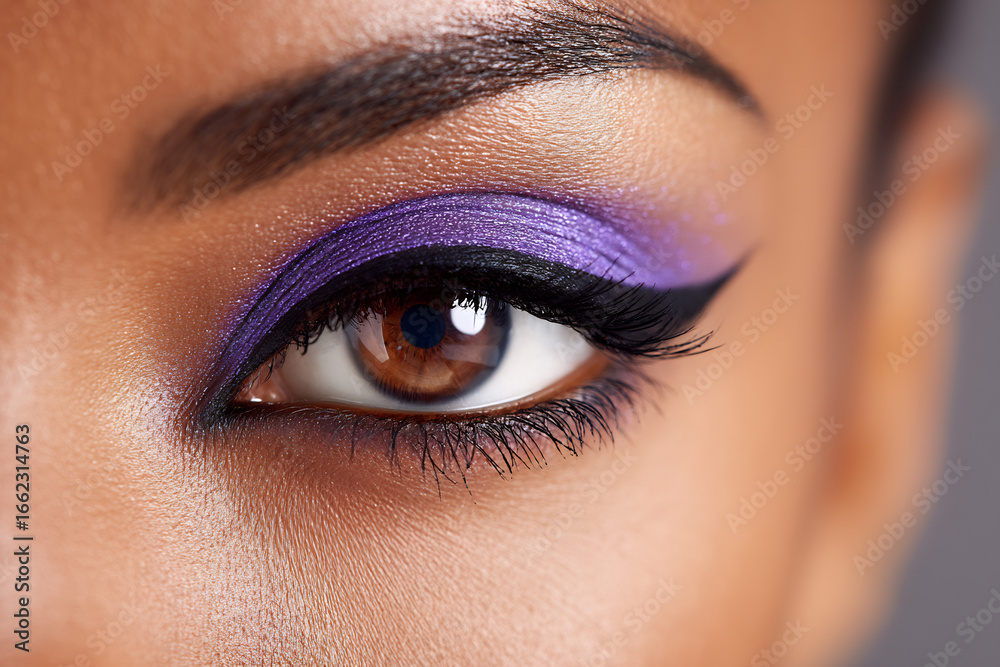 Fototapeta premium Extreme close-up of eye makeup with glossy purple eyeshadow and eyeliner