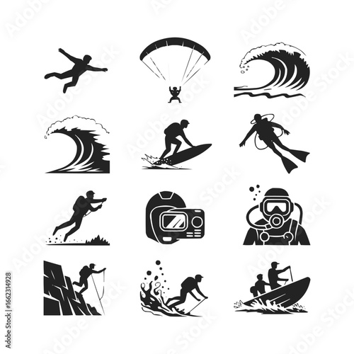 Extreme Sports Silhouettes Action, Adventure, and Water Icons Set