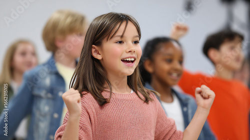 Multi-ethnic group of children in a musical theater workshop