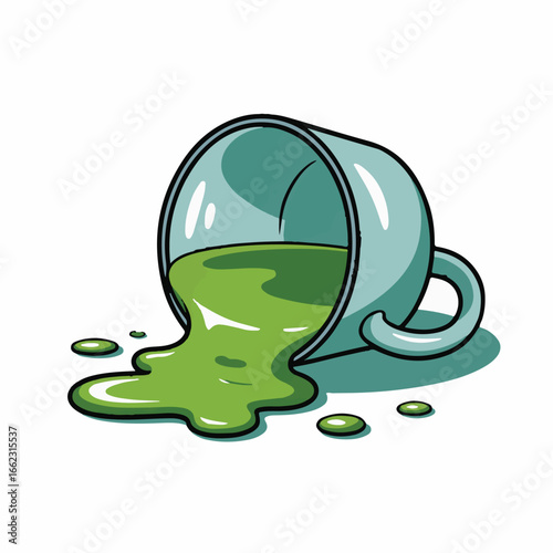 Overturned teal teacup spills vibrant green liquid, symbolizing chaos, accident, or unexpected events in life or business.