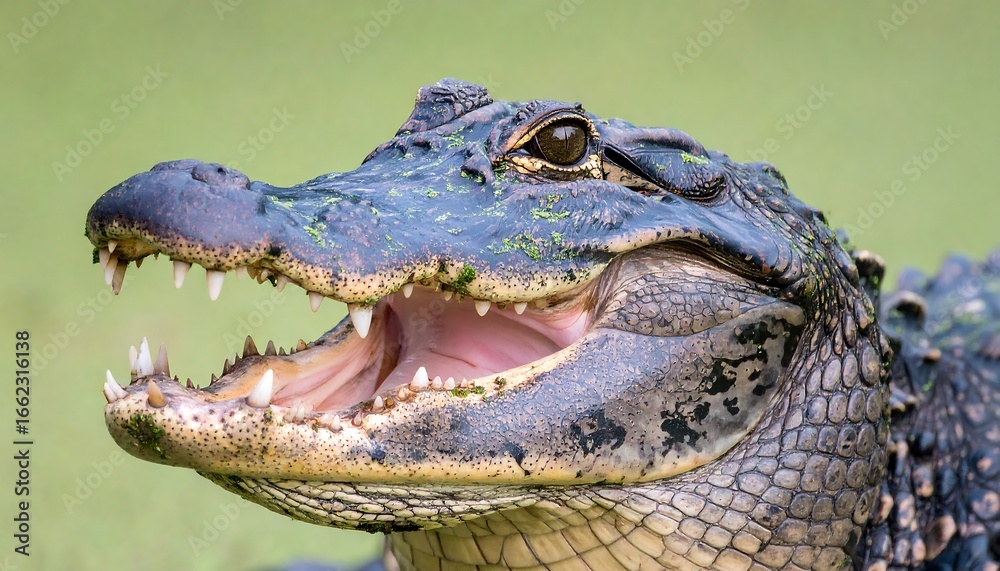 Obraz premium Close-up Portrait of an Alligator's Snapping Jaws Open in a Swampy Environment