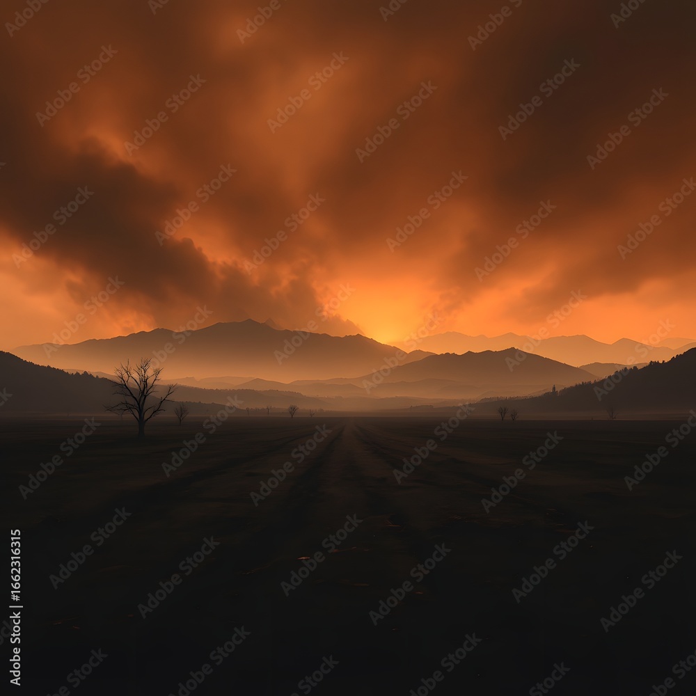 Obraz premium Sunrise and sunset paint the vast desert sky with vibrant red, orange, and yellow hues over the tranquil landscape of mountains and sand