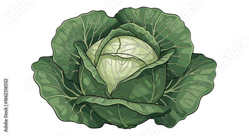 Illustration of Fresh Cabbage Head, Natural Food Art, Vibrant Green Colors, Botanical Drawing, Organic Produce, Farm Fresh