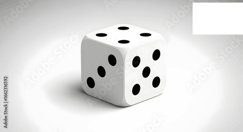 Rolling Dice Game Action, White Die with Black Dots, Tabletop Setting, Photo, Minimalist Environment, Close-Up View, Chance and Strategy