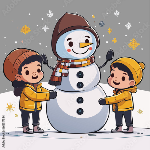 The image shows two children playing with a snowman in the snow. The snowman is wearing a scarf and a cap, and the children are wearing jackets and caps. The background is filled with snowflakes,