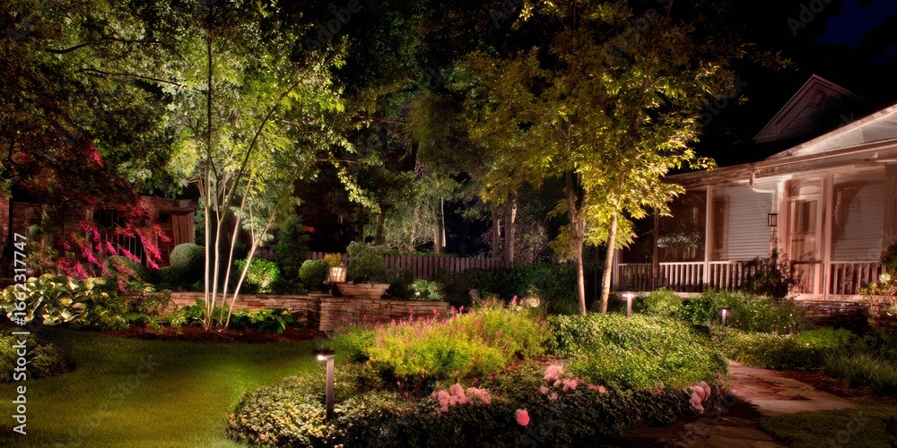 Obraz premium A beautiful house in a vibrant garden, with a stone path leading through the trees and down to the river