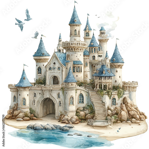 Sandy Castle, watercolor drawing vector, isolated on a white background.