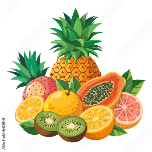 Png tropical fruit assortment pineapple papaya kiwi dragonfruit citrus healthy eating vibrant colors fresh food 100 Isolated on white background