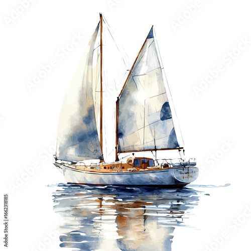 watercolor of Sailing Boat Summer Breeze, vector, isolated on a white background.
