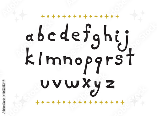 Black ink cute creative isolated funky kids English lowercase handwriting alphabetical letters icons set on white background