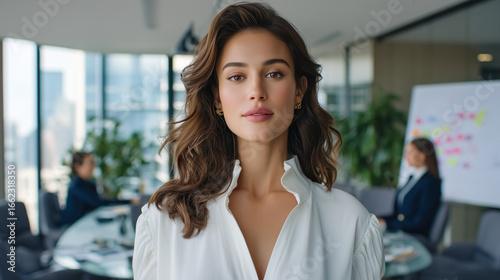 Free Download a super pretty girl leading a business meeting in a modern office, standing at the head of a conference table, gesturing toward a whiteboard with notes, surrounded by colleagues. t - GFXLoad