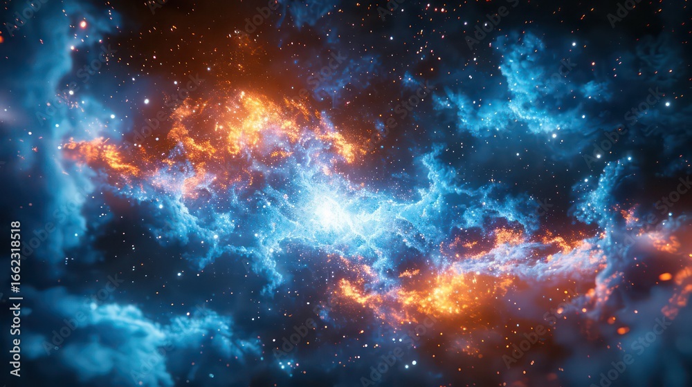 Obraz premium A vibrant display of cosmic nebulae, showcasing a breathtaking blend of fiery orange and icy blue hues against a backdrop of countless stars.