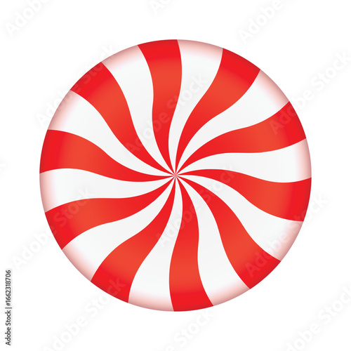 Sweet striped Red round peppermint candy caramel without wrapper. Design element for patisserie, dessert, web, app, Christmas, New year, holiday. Vector illustration isolated on white background.