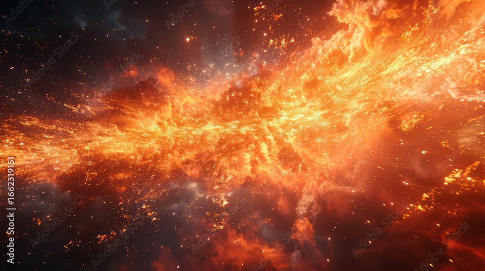Naklejka premium A vibrant, fiery expanse of space, filled with swirling, orange-toned flames and scattered stars, creates a dramatic and awe-inspiring celestial scene.