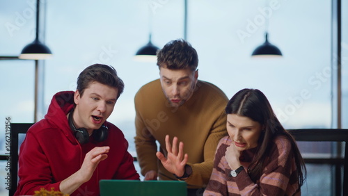Troubled office workers videocalling in company closeup. Worried managers online