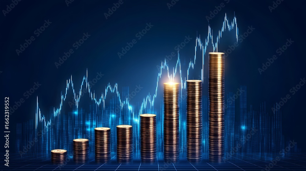 Fototapeta premium Rising Gold Coins Stacks with Upward Stock Market Chart