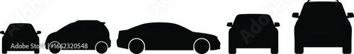 Car size comparison silhouettes, compact to SUV, black vector illustration, vehicle profile icons, CAD drawing, auto design clipart