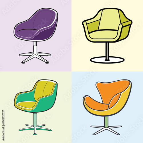 Cartoon set of modern colorful office chairs-Collection of cartoon-style modern office chairs in bright colors, featuring swivel bases and playful designs for workspace or home interiors.