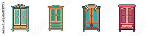 Cartoon illustration of vintage wooden wardrobes-Set of colorful cartoon style vintage wardrobes with double doors and drawers, representing classic furniture, home decor, and storage solutions.