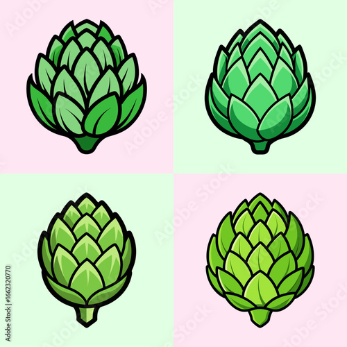 Cartoon illustration of green artichokes on pastel background-Set of colorful cartoon style artichokes with layered leaves, displayed on pastel backgrounds, symbolizing healthy food, organic produce, 