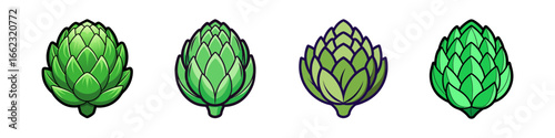 Cartoon illustration of fresh green artichokes-Set of cartoon style artichokes in shades of green, isolated on white, representing healthy vegetables, organic food, and fresh nutrition.