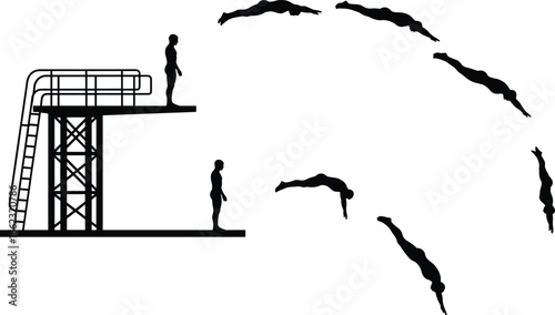 High diving silhouette sequence, athlete dive motion vector, sports training icon, dynamic human form, platform jump illustration