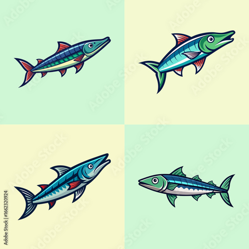 Cartoon barracuda fish illustration set-Collection of four colorful cartoon-style barracuda fish illustrations, great for fishing, seafood themes, marine graphics, or aquatic designs.