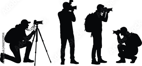 Photographer silhouette set, camera poses with tripod flash backpack, black vector illustration, media profession icons, travel photography clipart