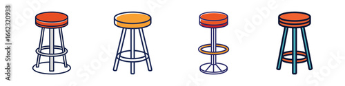 Cartoon bar stool vector set with colorful seats-Set of four cartoon-style bar stool illustrations with different seat colors and leg designs, perfect for furniture or interior graphics.  