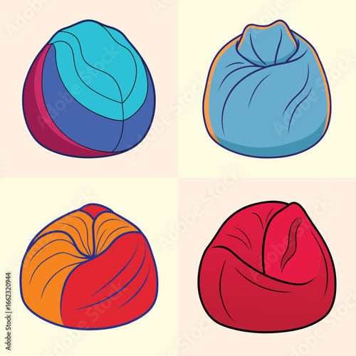 Colorful bean bag chair illustration set-Collection of four colorful cartoon-style bean bag chair illustrations, great for home decor, furniture design, or casual lifestyle concepts.