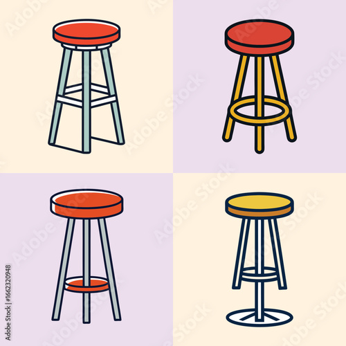 Colorful bar stool vector illustration set-Collection of four simple vector illustrations of bar stools with different designs and colors, perfect for furniture or interior concepts.