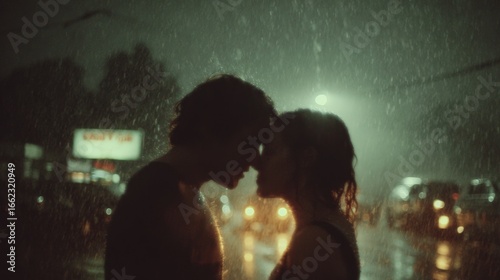 Fototapeta Naklejka Na Ścianę i Meble -  Romantic couple sharing a tender moment in the pouring rain on a city street at night