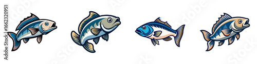 Cartoon fish illustrations for fishing and seafood themes-Set of colorful cartoon-style fish illustrations, ideal for fishing logos, seafood menus, aquatic designs, or marine-related graphics.