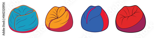 Cartoon colorful bean bag chairs illustration-Set of four cartoon bean bag chairs in bright colors, perfect for modern furniture graphics, casual seating, and interior decor concepts.
