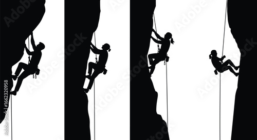Rock climber silhouette set, cliff ascent vector icons, outdoor adventure sport, rope harness safety gear, climbing technique illustration