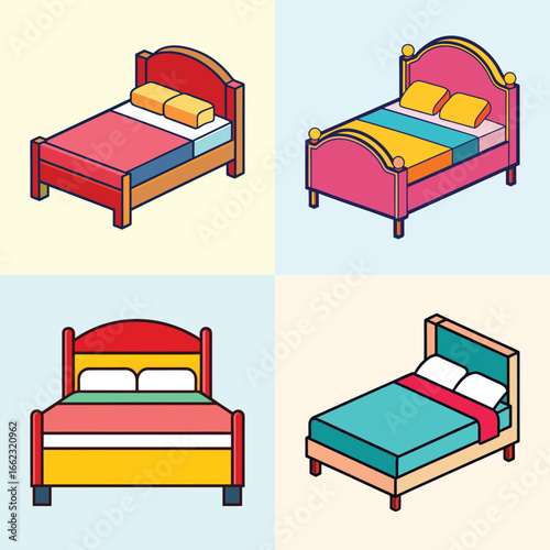 Colorful cartoon double beds with pillows illustration-Set of four cartoon double beds with headboards and pillows in bright colors, perfect for furniture design, home decor, and interior graphics.