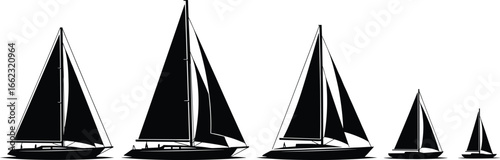 Sailboat silhouette set, nautical vessel icons in varied sizes, black vector illustration, marine design clipart, sailing lifestyle graphics