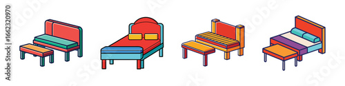 Cartoon colorful double beds with headboards illustration-Set of four cartoon double beds in bright colors with headboards and bedding, ideal for furniture graphics, interior design, and home decor.