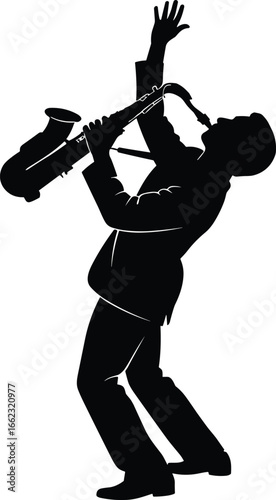 Saxophone player silhouette vector, musical performance clipart, expressive pose icon, jazz musician design, CAD drawing flat illustration