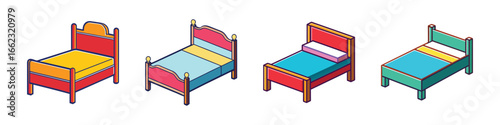 Cartoon colorful single beds illustration set-Set of four cartoon single beds in bright colors with simple designs, perfect for furniture graphics, bedroom decor, and playful interiors.